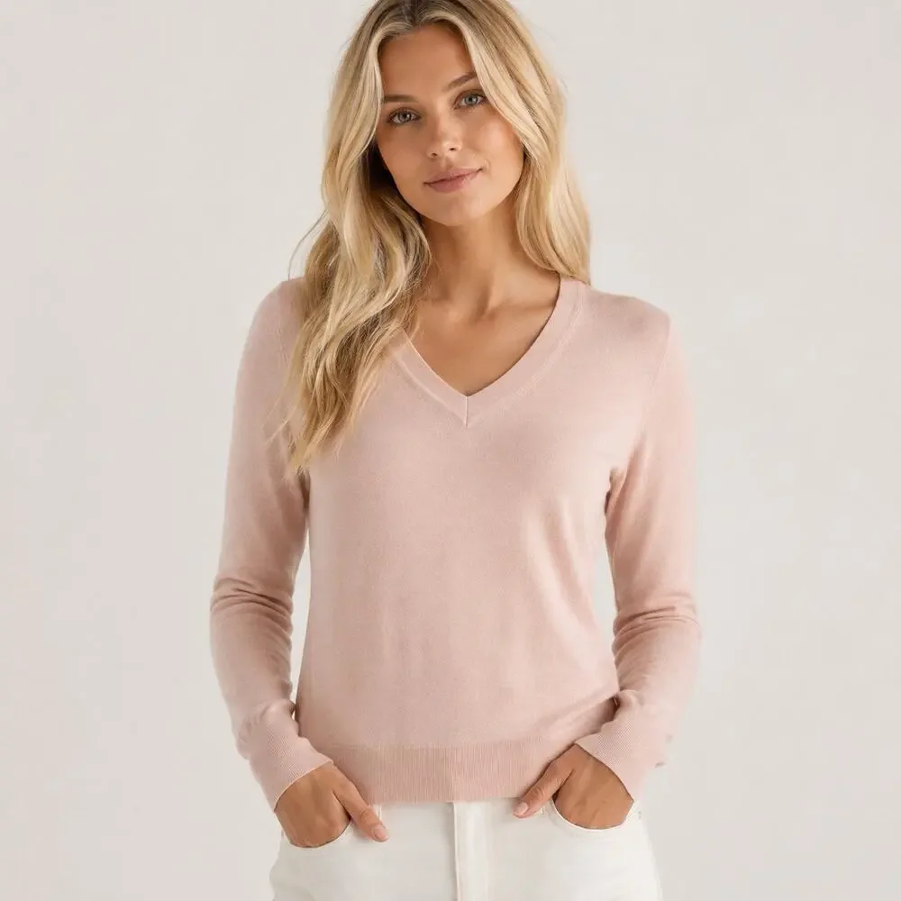 Quince Womens Blush Pink Lightweight Cotton Blend V-Neck Sweater Quiet Luxury L